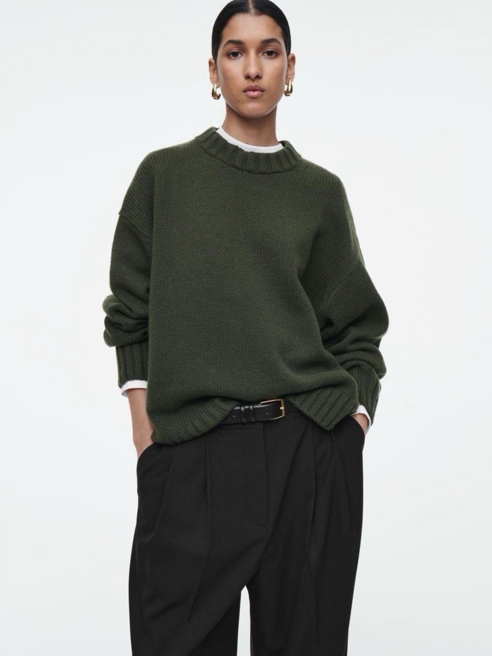 COS Khaki Green CHUNKY PURE CASHMERE CREW-NECK SWEATER
